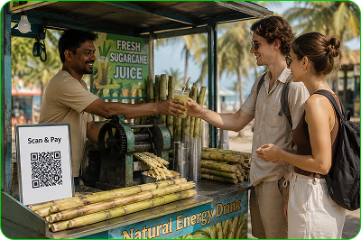 Travellers buying sugarcane juice with QR payment