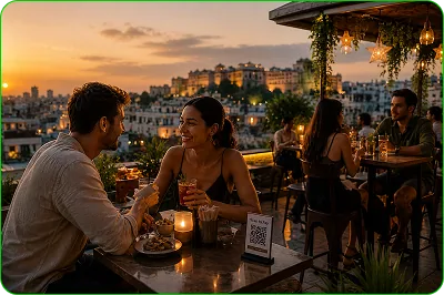 Travellers dining on a rooftop with a QR code on the table
