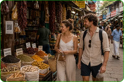 Travellers browsing spices in a street market