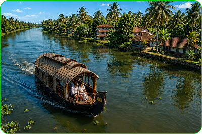 Travellers riding a houseboat through tropical backwaters