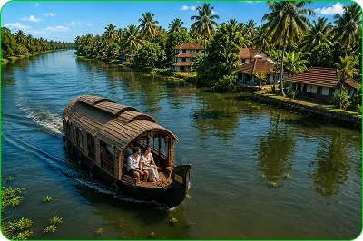 Travellers riding a houseboat through tropical backwaters