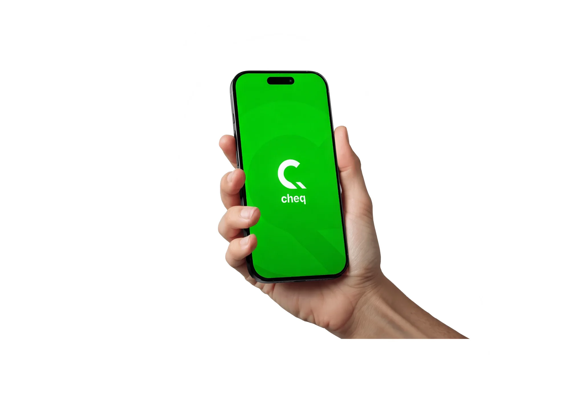 Hand holding the CHEQ app on a phone