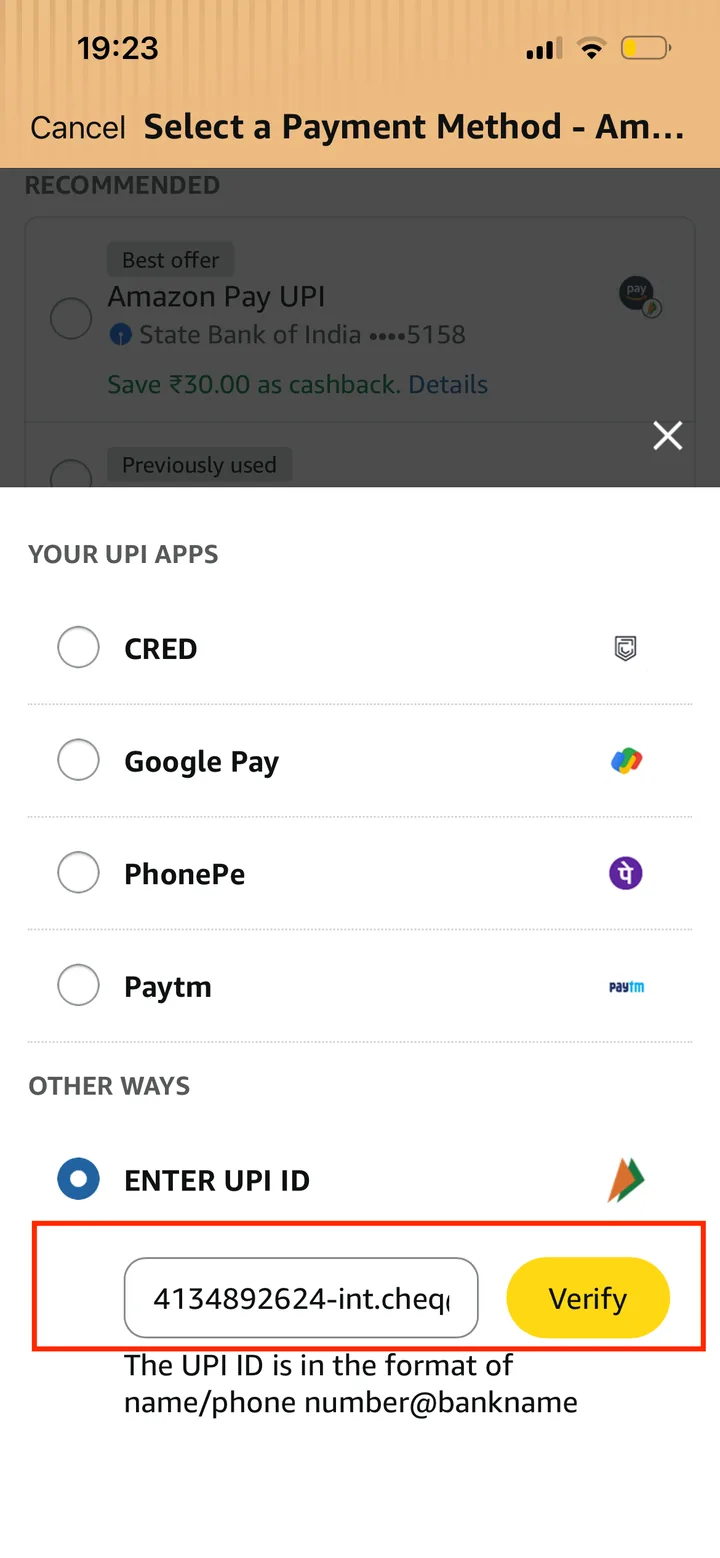 Amazon guide screenshot for Enter Cheq UPI ID and tap Verify