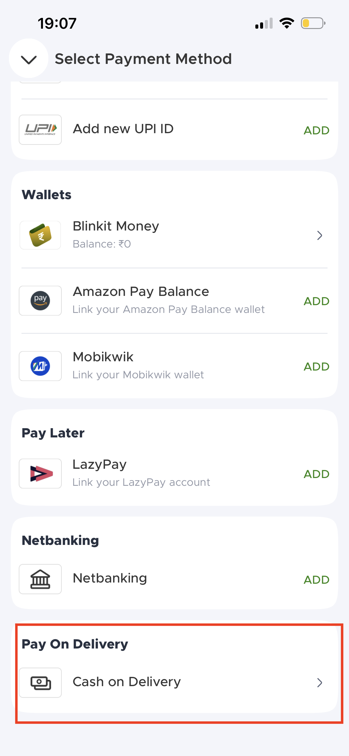 Blinkit guide screenshot for At payment, select Cash on Delivery (COD)