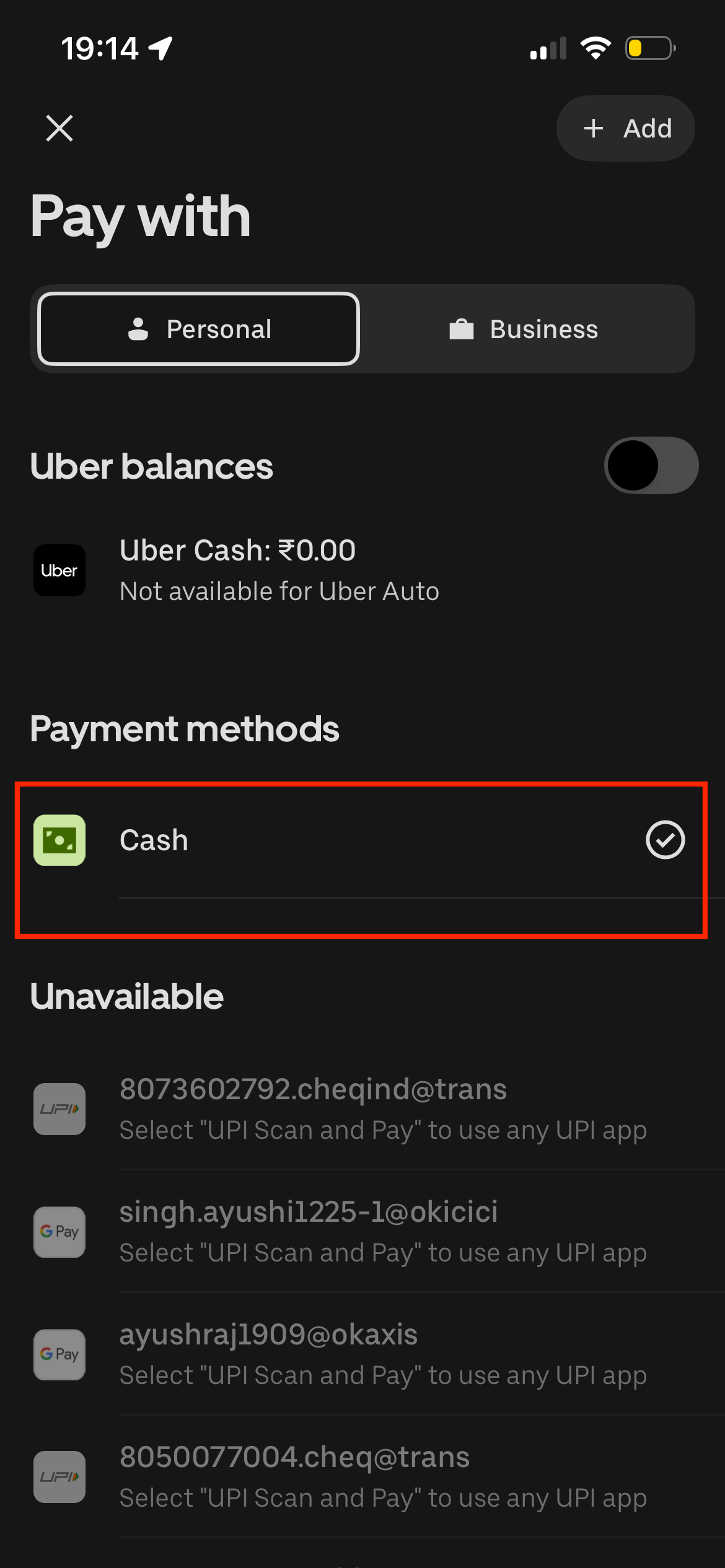 Uber guide screenshot for Choose Cash as Payment
