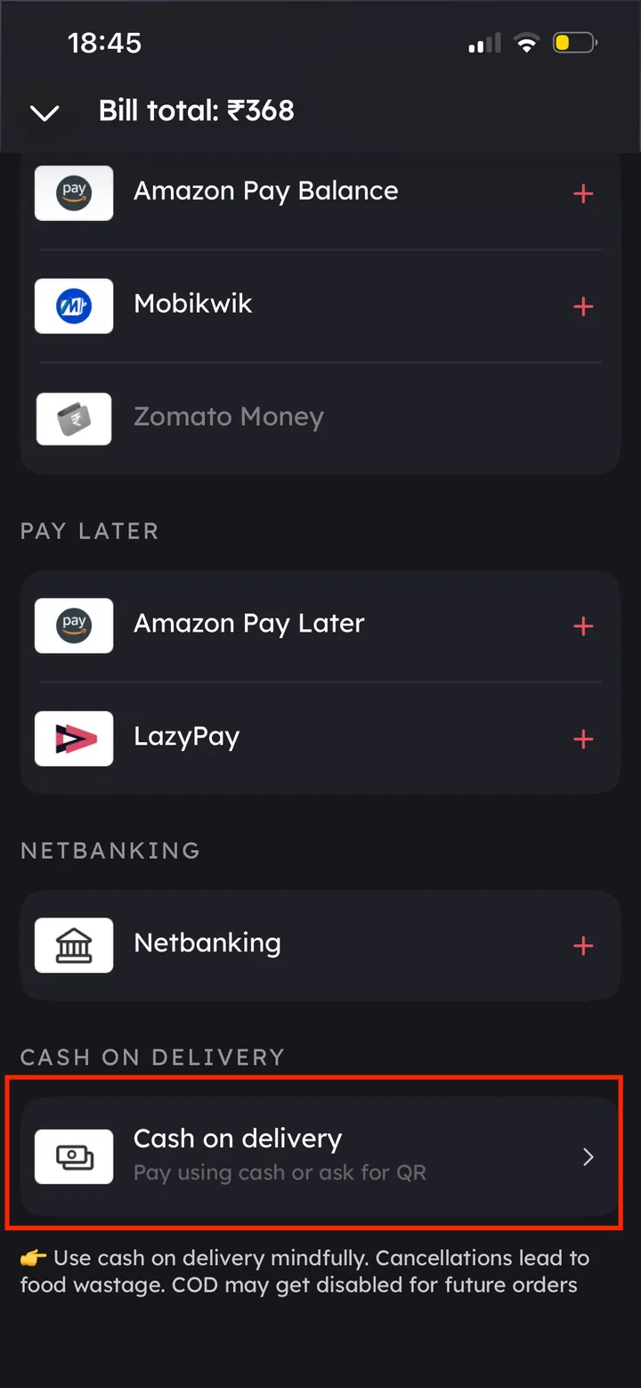 Zomato guide screenshot for Choose Cash on Delivery at checkout