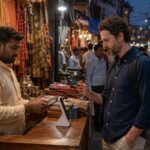Tourist attempting card payment at a busy Indian market stall.