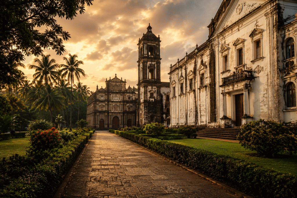 Historic churches and colonial architecture in Old Goa at sunset.