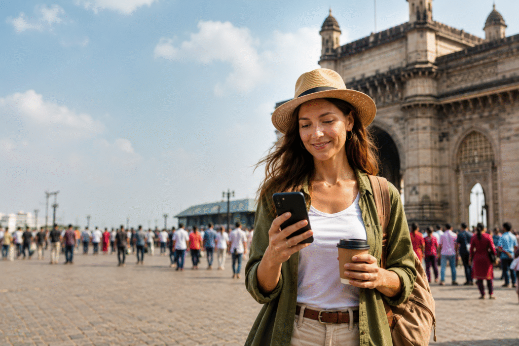 Tourist using smartphone near the Gateway of India