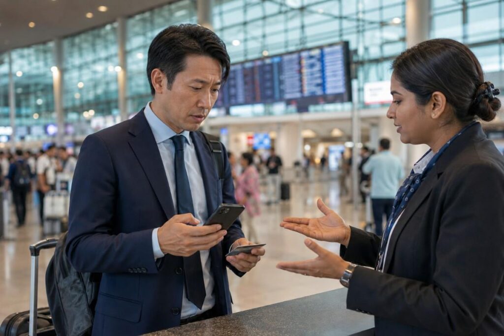 Man in airport showing card
