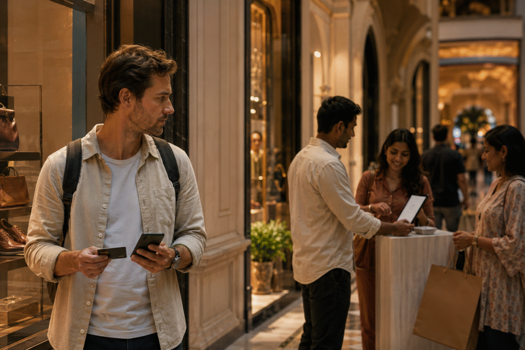 Tourist making a digital payment while shopping in a luxury mall.