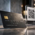 International payment card placed beside an Indian QR code payment stand on a café table, illustrating the gap between global cards and UPI QR payments