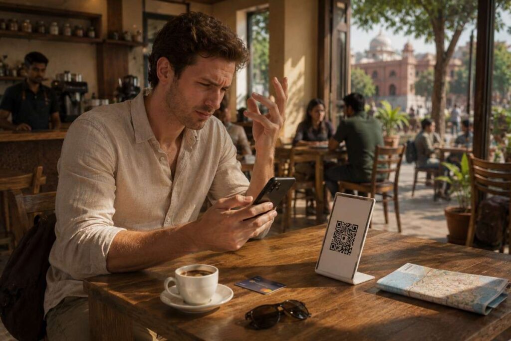 Foreign traveler attempting to pay by scanning an Indian QR code at a café, with an international payment card on the table and a confused expression after the payment fails.