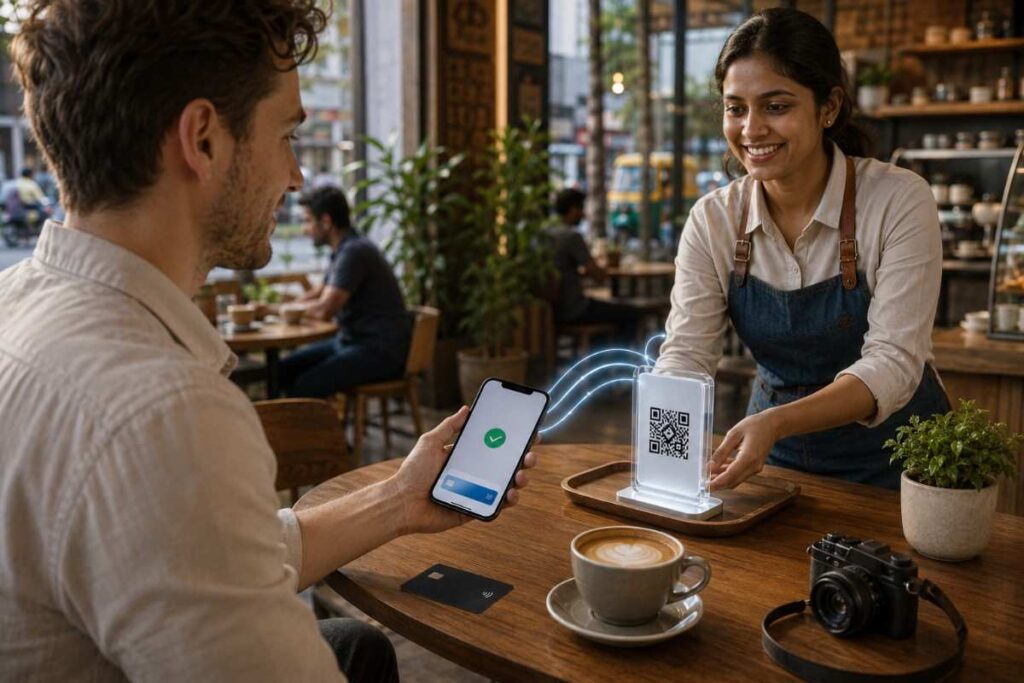 Foreign traveler successfully making a UPI QR payment at an Indian café, with a smartphone showing payment confirmation, a QR code stand, and an international payment card on the table.