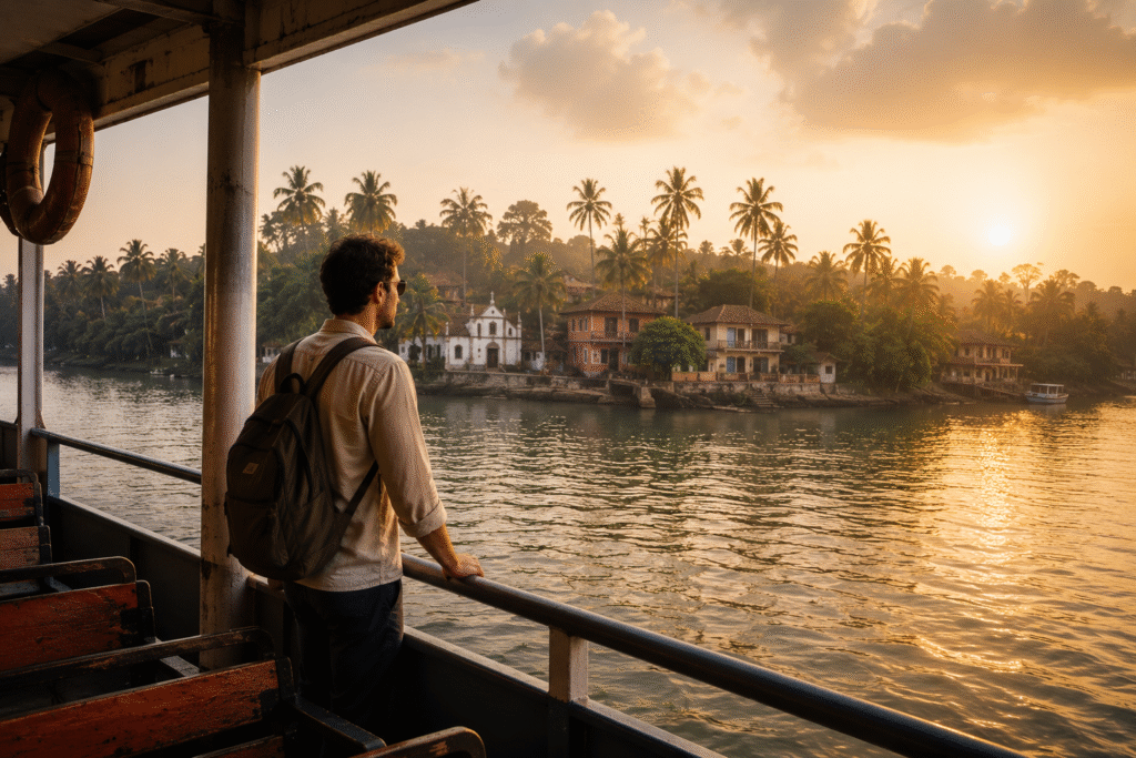 Tourist on a ferry overlooking Divar Island at sunset in Goa.
