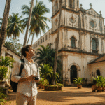 Tourist exploring a historic church in Old Goa surrounded by palm trees.