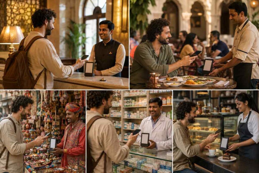 Foreign tourist using UPI QR code payments across India at a hotel, restaurant, souvenir shop, pharmacy, and café, showing cashless travel experiences at everyday businesses.