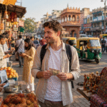 Foreign tourist holding Indian rupee notes while shopping at a busy local market, choosing between cash and UPI QR code payments with a street vendor in India.