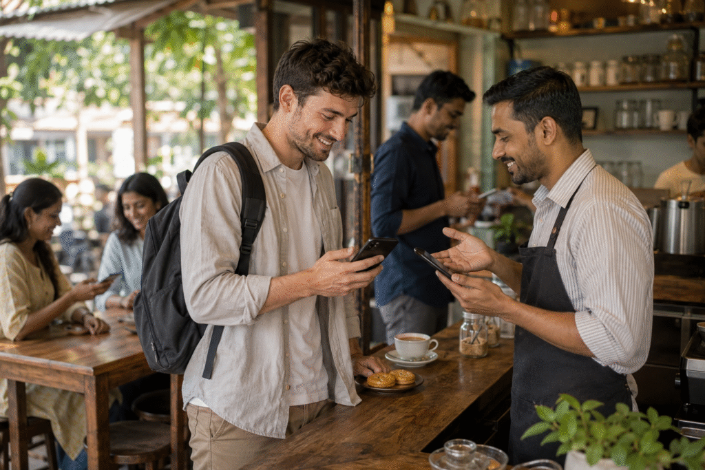 Foreign tourist confirming a successful UPI payment with a café owner in India after showing the transaction on a smartphone, highlighting seamless cashless payments and a friendly travel experience.