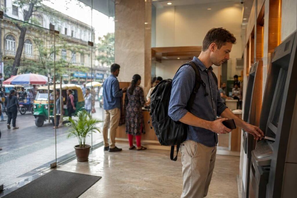 Foreign tourist withdrawing Indian rupees from an ATM in India while carrying a backpack and wallet, with a busy city street visible outside the bank branch.