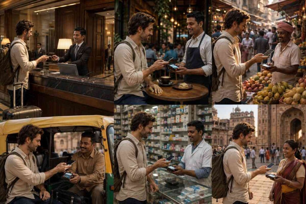 Collage showing a foreign traveler making UPI payments across India at hotels, cafés, markets, auto-rickshaws, pharmacies, and local shops using a smartphone.