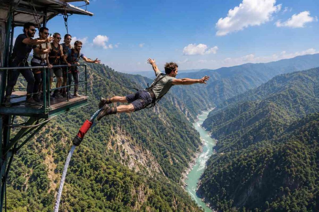 Foreign tourist bungee jumping over a deep Himalayan river gorge in Rishikesh while friends watch from the launch platform, capturing the thrill of one of India's top adventure activities.