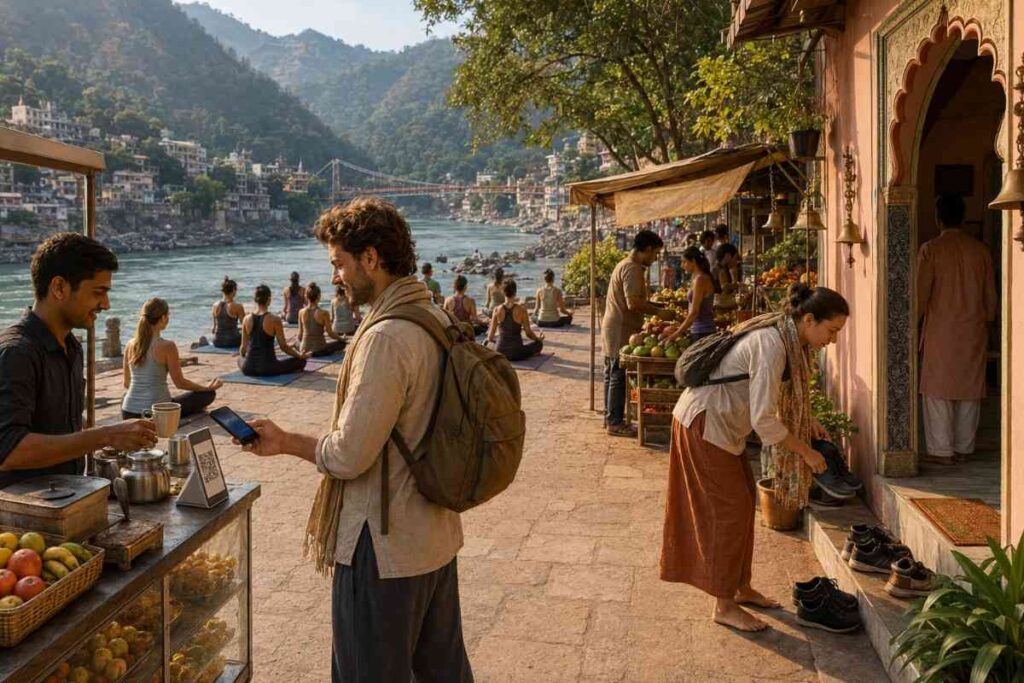 Foreign tourist using a UPI QR code at a riverside tea stall in Rishikesh while yoga sessions, local markets, and a temple create a vibrant Himalayan travel experience.