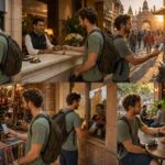 Foreign tourist using cash, hotel services, and UPI QR payments across hotels, cafés, street markets, souvenir shops, and local vendors during travel in India.
