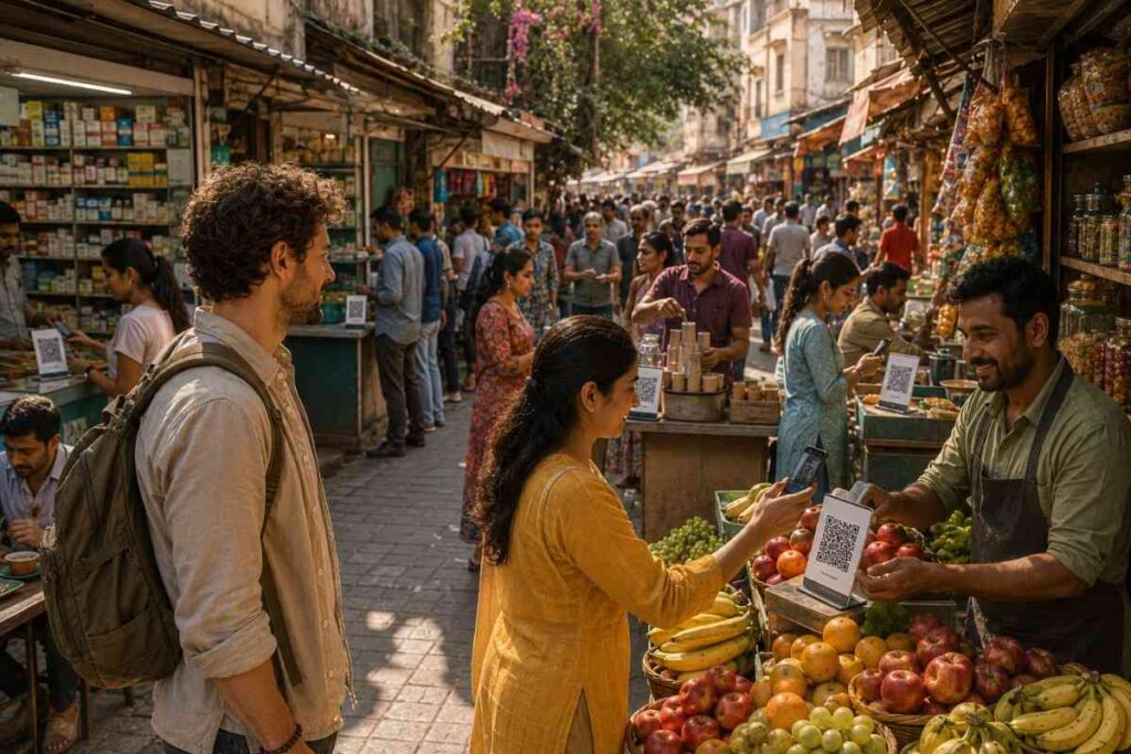 Foreign tourist explores a busy Indian street market where local shoppers use UPI QR code payments at fruit and grocery stalls, highlighting India's widespread cashless payment culture