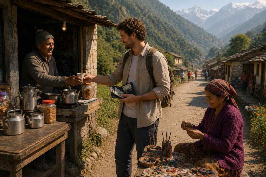 Foreign traveler pays with Indian rupee cash at a small roadside tea stall in a remote Himalayan village, where local vendors and handicraft sellers operate without digital payment facilities.