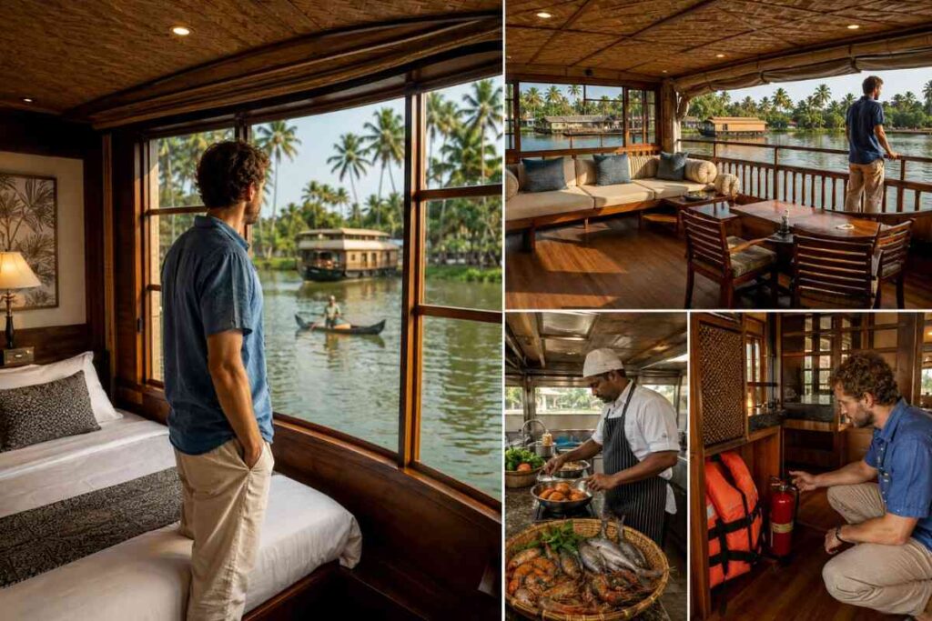 Collage showing a Kerala houseboat experience with a scenic cabin view, spacious deck, onboard chef preparing fresh meals, and safety equipment for a comfortable backwater cruise.