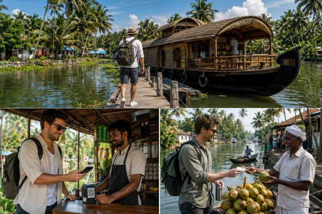 Collage of a Kerala backwaters trip showing a tourist boarding a traditional houseboat, making a QR payment at a waterside café, and using cash to buy fresh coconuts from a local vendor.