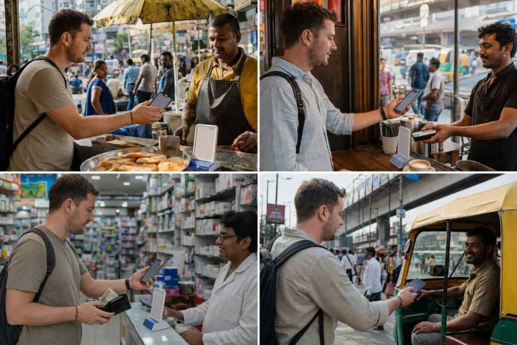 Collage of a foreign tourist making UPI QR payments across India at a street food stall, café, pharmacy, and auto-rickshaw, showing how cashless payments work for everyday travel.