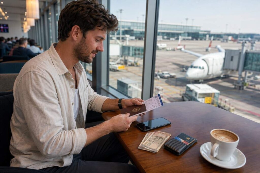 Foreign tourist at an airport departure lounge holding a passport and boarding pass with cash, card, and smartphone on the table while preparing for travel to India.