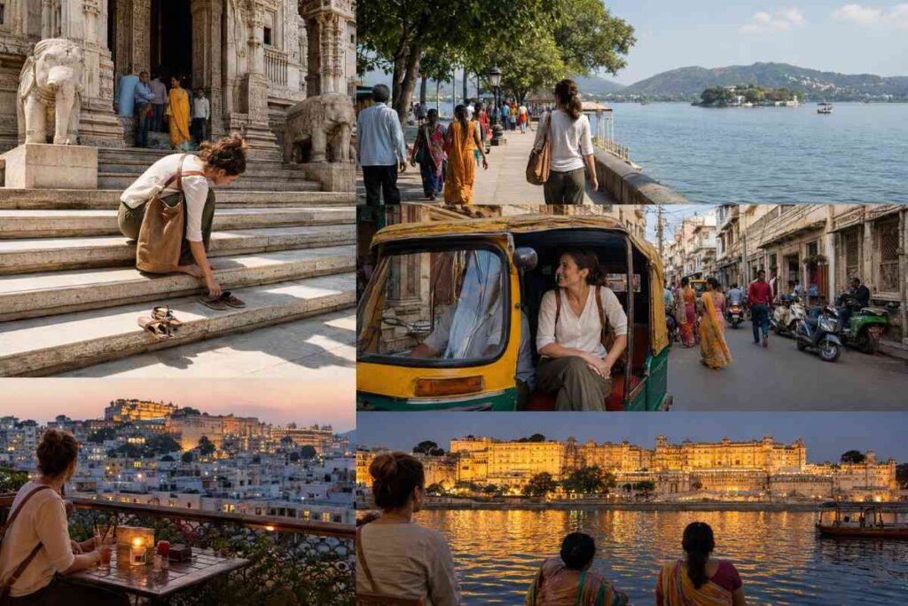Collage showing top Udaipur experiences, including visiting Jagdish Temple, walking along Lake Pichola, riding an auto-rickshaw through the old city, enjoying a rooftop dinner, and admiring the illuminated City Palace at night.