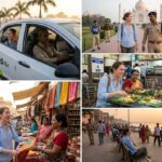 Foreign woman travelling safely across India using an Ola taxi, speaking with tourist police near the Taj Mahal, enjoying a local meal, shopping in a traditional market, and relaxing by the Ganges at sunset, highlighting safe and welcoming travel experiences for international visitors.