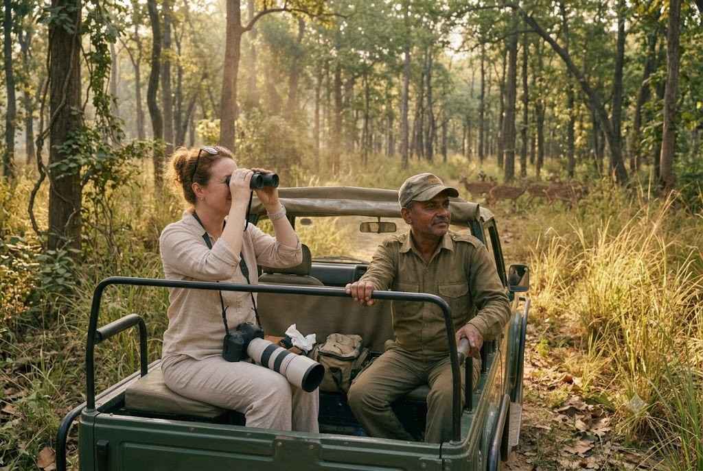 Foreign tourist on a guided wildlife safari in an open jeep, using binoculars to spot deer while accompanied by an experienced forest guide in a lush Indian national park, showcasing a safe and responsible nature travel experience.