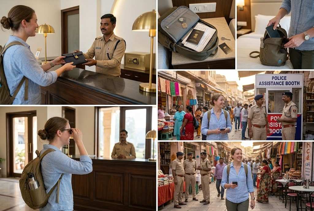 Travel safety collage showing a foreign tourist recovering a lost passport at a hotel reception, keeping valuables secure, seeking help from a police assistance booth, and confidently exploring a busy Indian market with visible security presence.