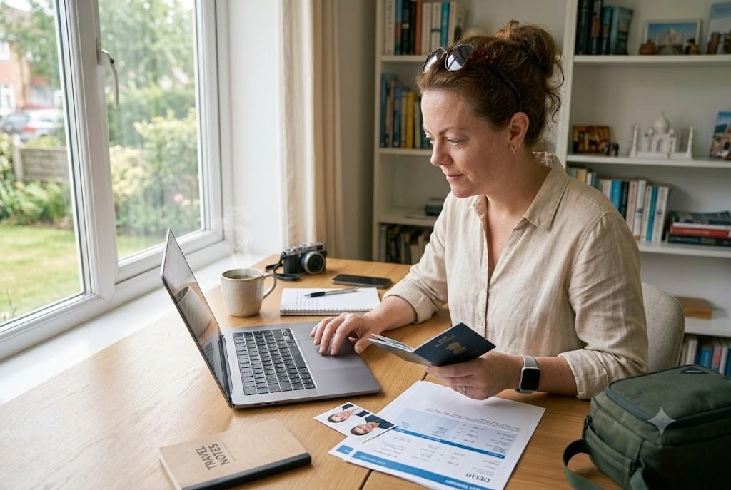 Foreign traveller applying for an India e-visa online from home, using a laptop while holding a passport, with passport photos, travel documents, notebook, camera, and luggage prepared for the upcoming trip.