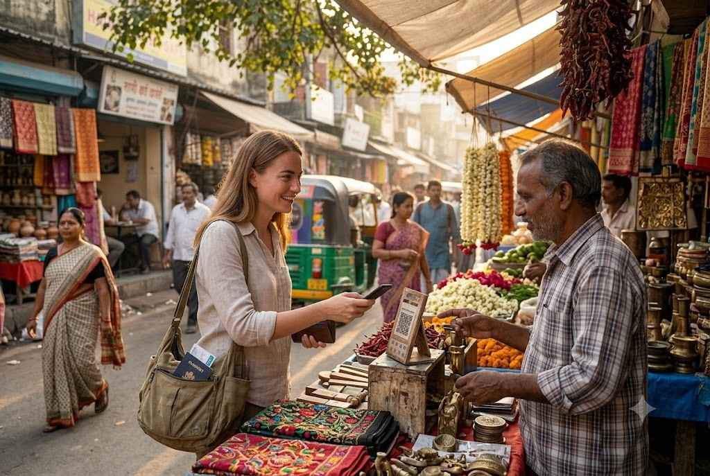 Foreign tourist paying a local market vendor with a UPI QR code while shopping for handicrafts in a busy Indian street market, highlighting convenient digital payments and authentic cultural experiences for international travellers.