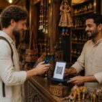 Foreign tourist making a UPI QR code payment at a traditional Indian handicrafts shop while a local merchant smiles, showcasing seamless cashless shopping and authentic local market experiences in India.