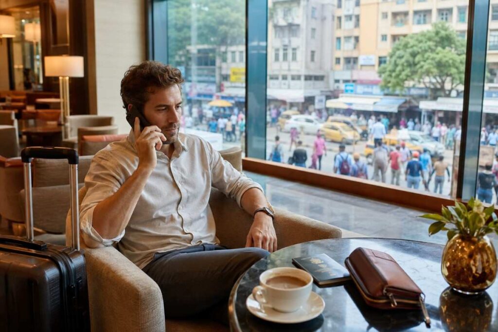 Foreign tourist contacting customer support by phone from a hotel lounge after a failed UPI payment, with luggage, passport, wallet, and coffee on the table overlooking a busy Indian city street.
