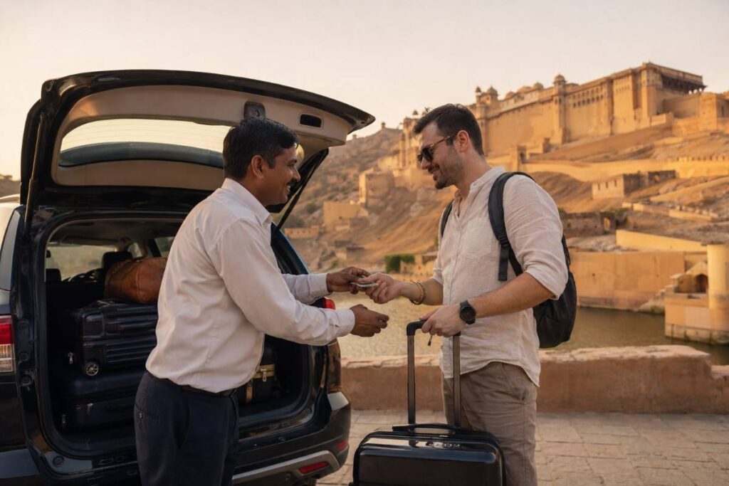 Foreign tourist tipping a private driver after airport transfer in India, standing beside luggage with a historic fort in the background, illustrating transport tipping etiquette during travel.