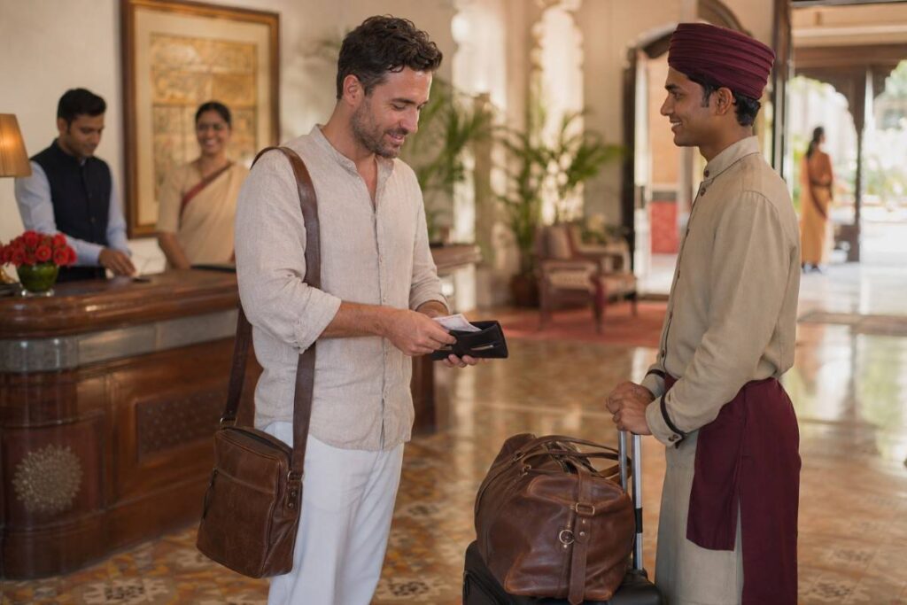 Foreign tourist tipping a hotel bellboy with cash after luggage assistance in an Indian hotel lobby, illustrating common hotel tipping etiquette for travelers.
