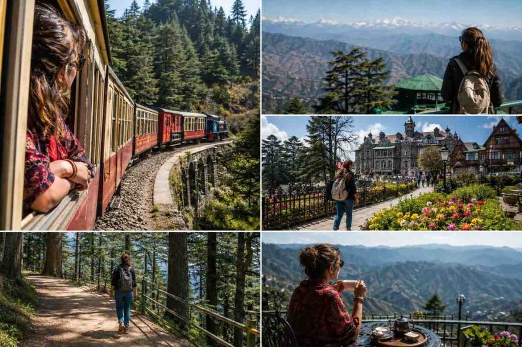 Collage of a foreign traveler exploring Shimla, featuring the Kalka-Shimla toy train, Himalayan viewpoints, colonial landmarks, forest walks, and a scenic mountain café during summer.
