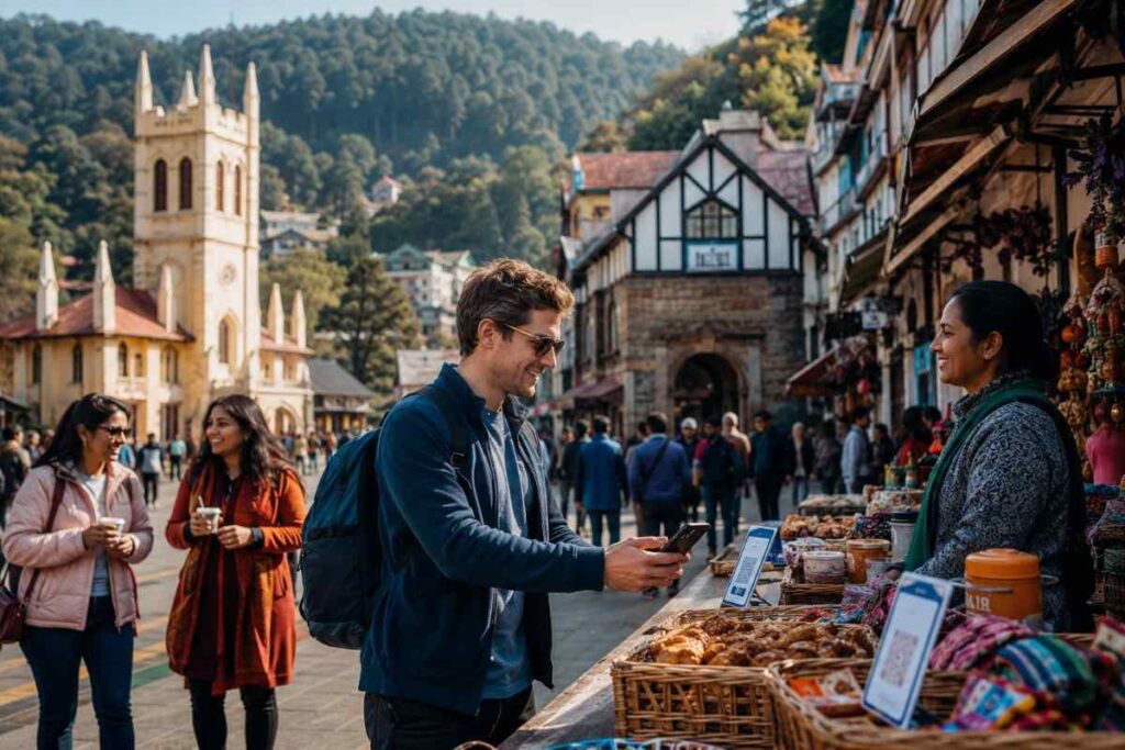 Foreign tourist making a UPI QR code payment at a local market stall on Shimla's Mall Road, with Christ Church and colonial buildings in the background.