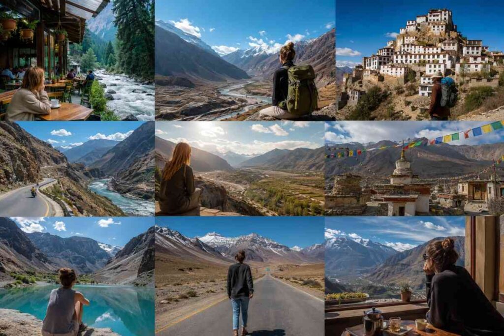 Foreign traveler exploring Ladakh's breathtaking mountain landscapes, ancient monasteries, scenic valleys, Himalayan roads, peaceful cafés, and high-altitude viewpoints during a 2026 India adventure.