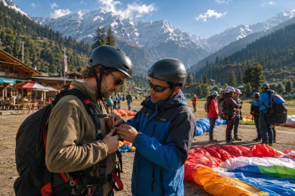 Foreign traveler receiving a final safety check from a certified paragliding instructor before takeoff in Manali, surrounded by colorful paragliders and the snow-capped Himalayan mountains.