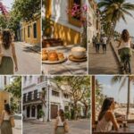 Foreign traveler exploring Pondicherry's colorful French Quarter, cycling along the scenic seaside promenade, relaxing at a beachfront café, and enjoying the city's charming colonial streets and coastal atmosphere.