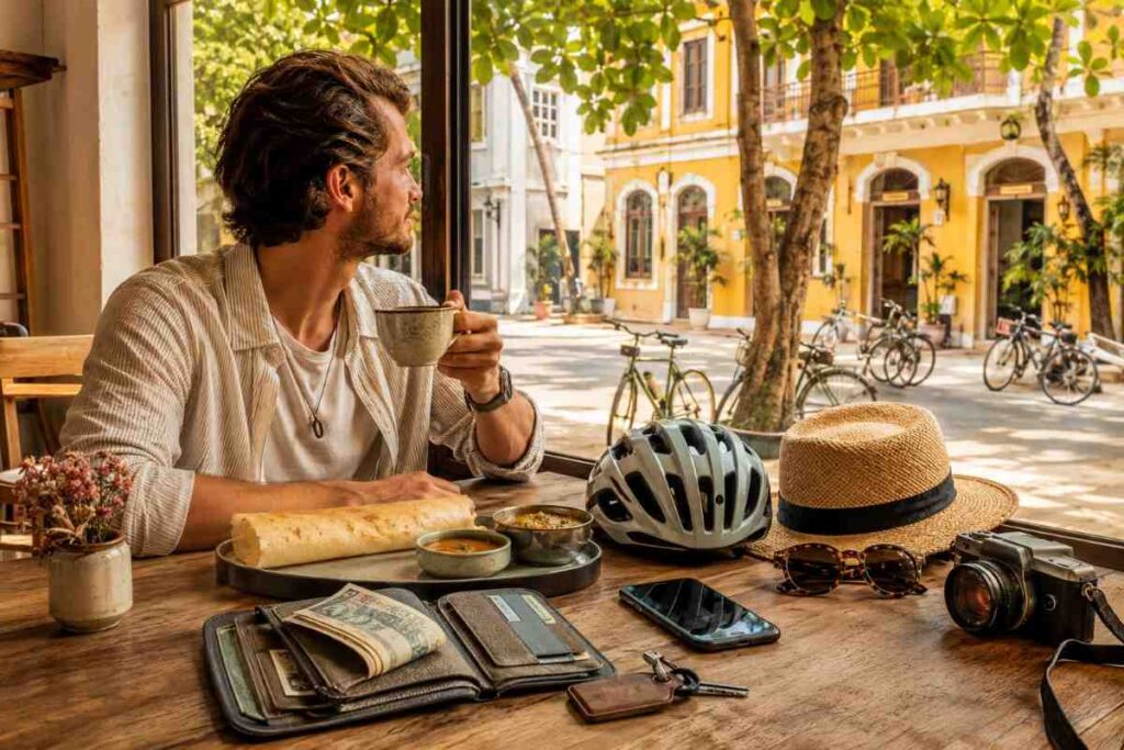 Foreign traveler enjoying breakfast at a café in Pondicherry's French Quarter before exploring White Town by bicycle during a weekend trip to Pondicherry.